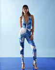 Tuta Stretch drappeggiata in jersey stampato con dettaglio in paillettes