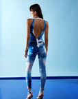 Tuta Stretch drappeggiata in jersey stampato con dettaglio in paillettes