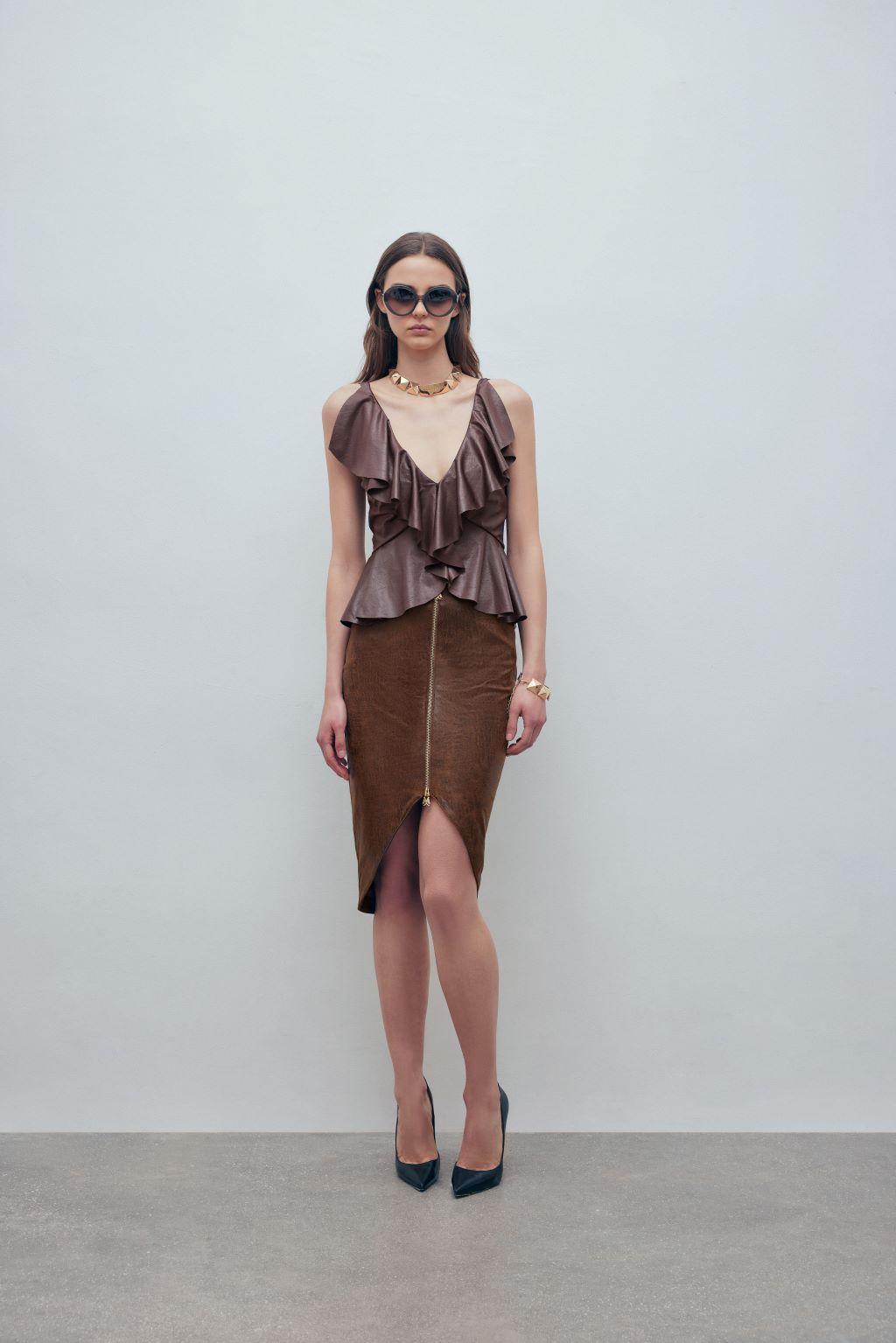 Top in jersey spalmato effetto pelle