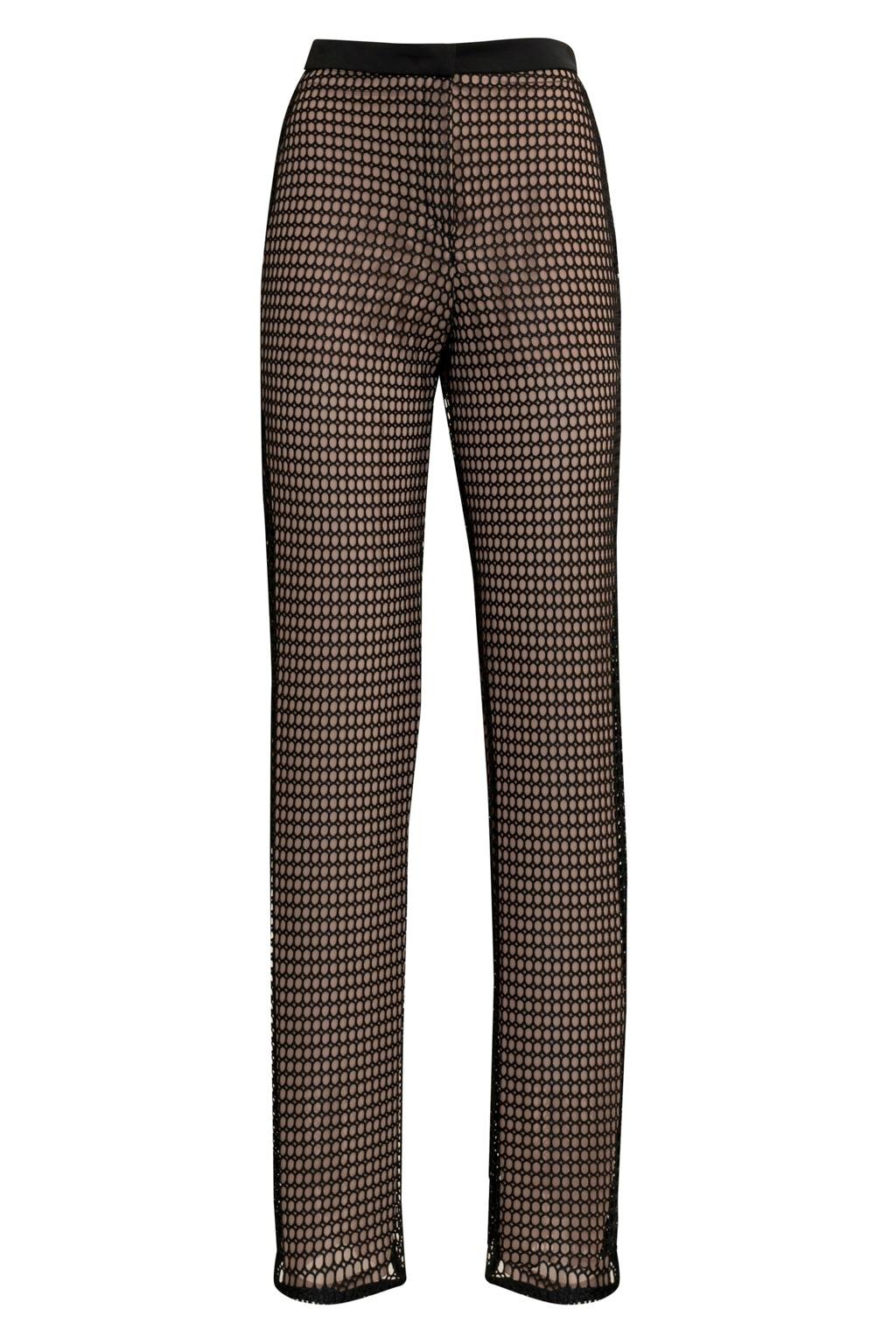 Pantalone dalla linea a palazzo in rete accoppiata con georgette effetto nudo - Monique Garçonne
