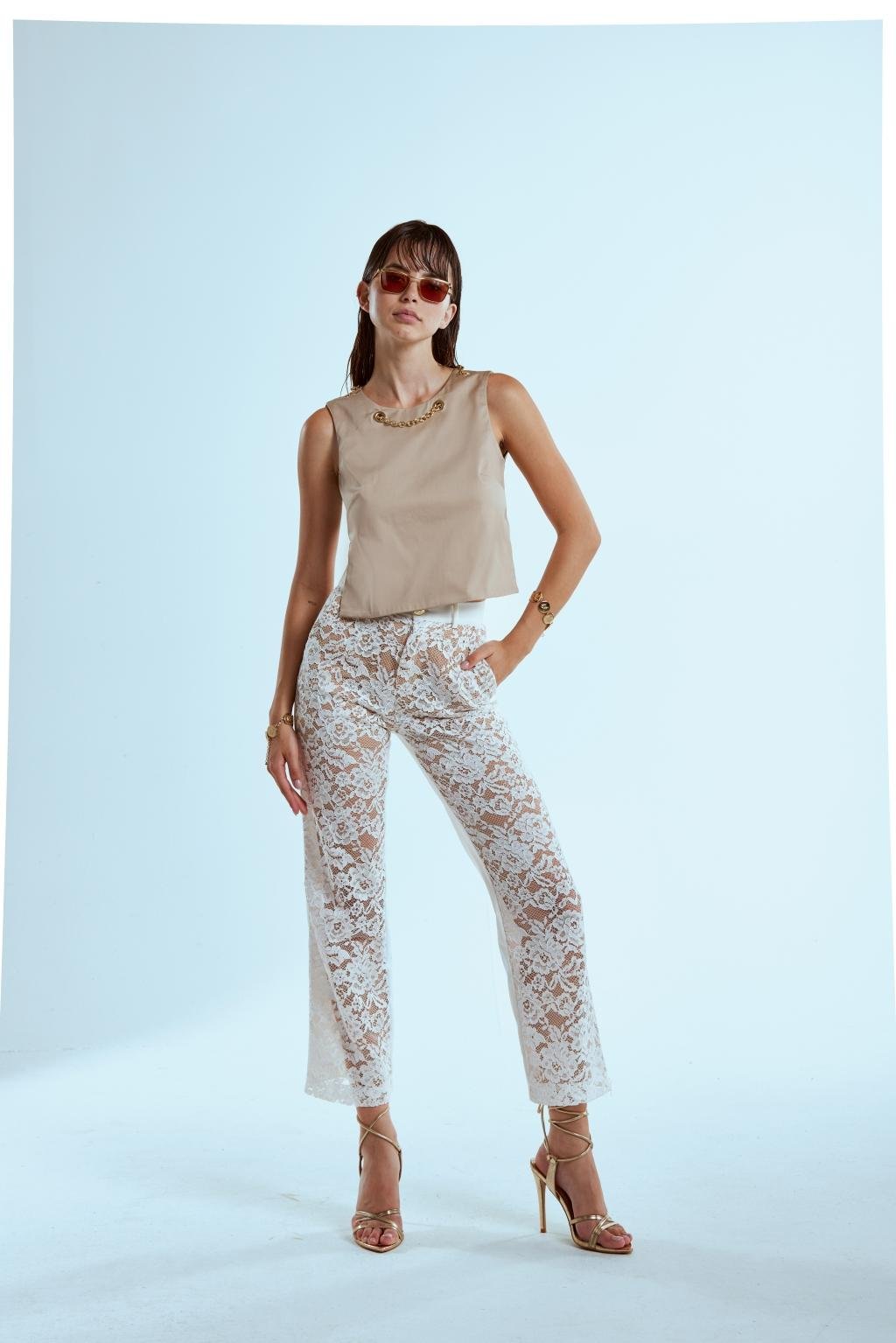 Pantalone palazzo alla caviglia in pizzo e cotone - Monique Garçonne