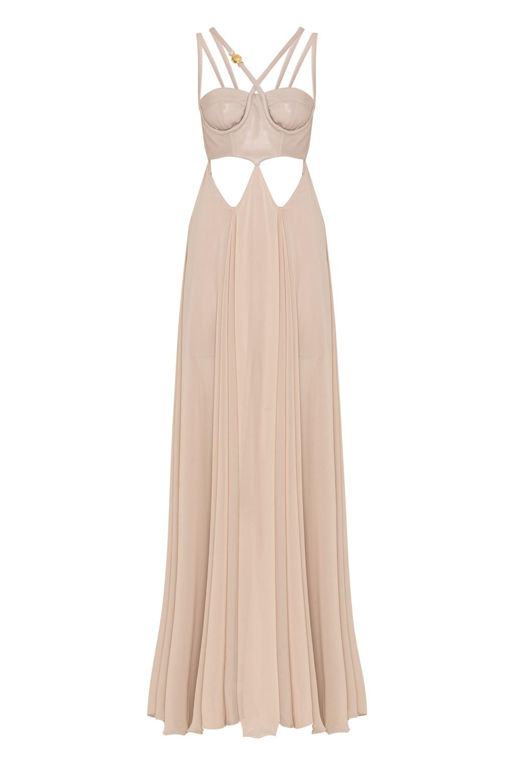 Abito lungo in scuba con placcatura trasparente e gonna in chiffon - Monique Garçonne
