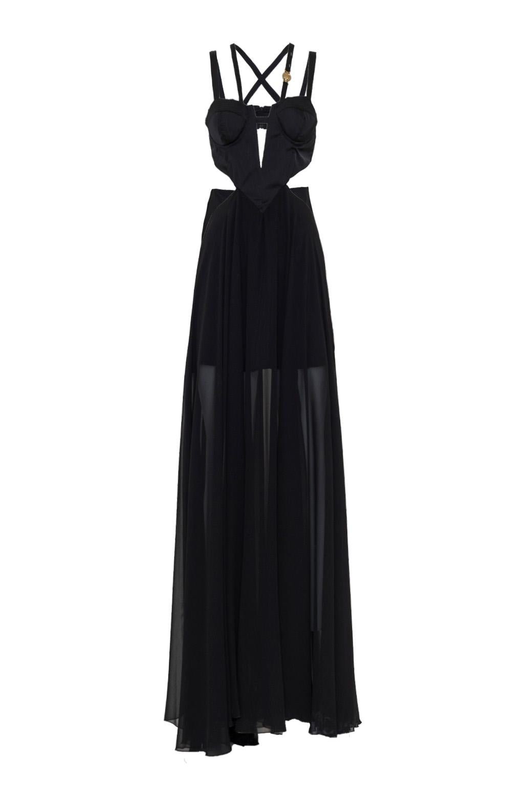 Abito lungo in scuba con placcatura trasparente e gonna in chiffon - Monique Garçonne