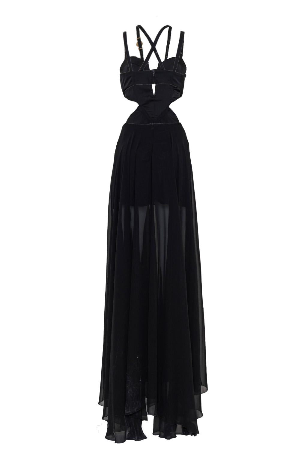Abito lungo in scuba con placcatura trasparente e gonna in chiffon - Monique Garçonne