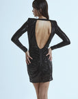 Mini dress manica lunga drappeggiato in micro rete paillettes - Monique Garçonne