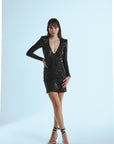 Mini dress manica lunga drappeggiato in micro rete paillettes - Monique Garçonne