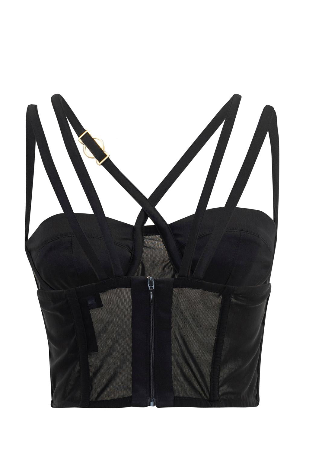 Top crop corsetto in raso duchesse e rete elastica - Monique Garçonne